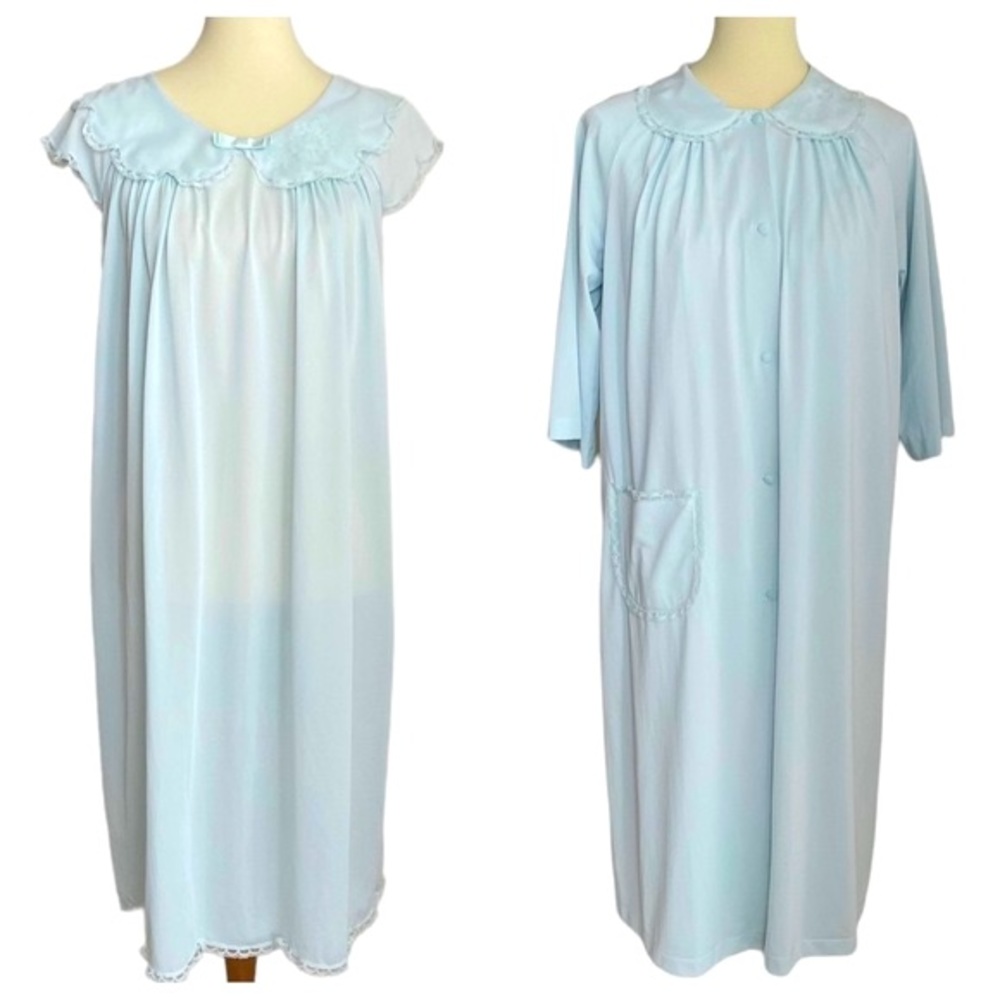 Vintage Shadowline Robe and Nightgown Set Blue Size Medium